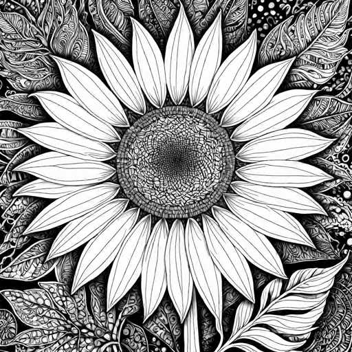The image is a detailed, intricate black and white illustration of a sunflower. The central focus is the sunflower head, with its numerous petals radiating outwards from a textured center. The petals are stylized and densely patterned, creating a symmetrical design. Surrounding the sunflower is a complex arrangement of smaller, intricately drawn leaves and botanical elements, all rendered in a highly detailed, illustrative style. The overall aesthetic is one of intricate detail and organic patterns, reminiscent of a woodcut or linocut print.