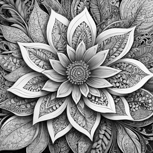 The image is a detailed, intricate black and white illustration of a stylized lotus flower. The central focus is the flower's complex, symmetrical petals, radiating outwards from a detailed center. The spatial relationship shows a close-up perspective, emphasizing the intricate textures and patterns within each petal. The art style is highly detailed and illustrative, reminiscent of a digital engraving or woodcut, with a focus on intricate linework and organic forms.