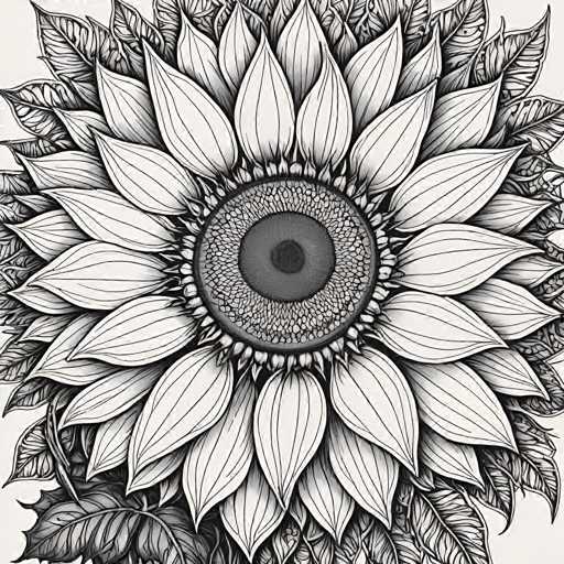 The image is a black and white line drawing depicting a large sunflower with numerous petals and a brown center. The sunflower is surrounded by leaves, creating a sense of depth and texture in the composition.