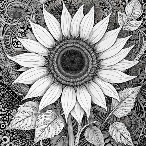 The image is a detailed, black and white illustration of a sunflower. The central focus is the intricate, stylized flower head with numerous petal-like shapes radiating from a dark, textured center. Surrounding the sunflower are detailed leaves and vine-like elements, all rendered in a highly decorative, illustrative style. The overall aesthetic is intricate and symmetrical, with a strong emphasis on pattern and organic forms.