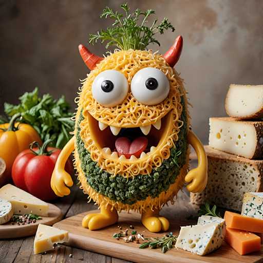 A yellow monster made out of noodles is standing on a wooden table surrounded by various food items including cheese and tomatoes.
