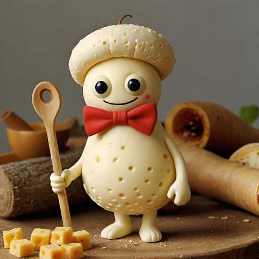 A charming toy figure dressed as a chef holding a wooden spoon and wearing a white hat with red dots and a bow tie is the main focus of this image. The background features various food items such as cheese cubes and a bowl filled with more cheese cubes.