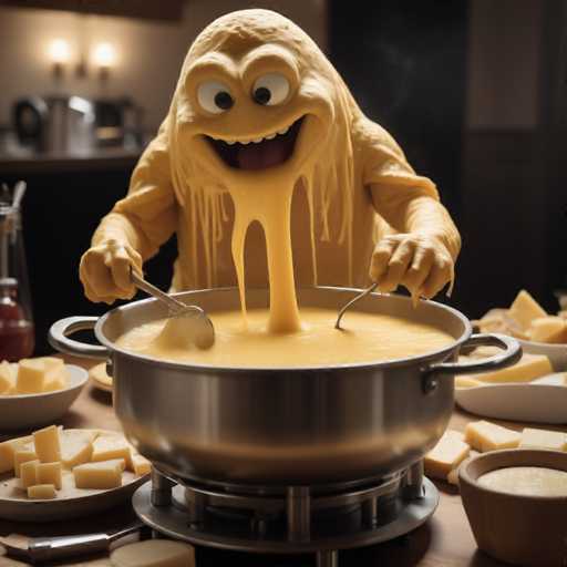 A cartoon character with yellow skin and large eyes is sitting at a table covered with plates of food including cheese and crackers. The character has its mouth open wide as it appears to be eating from a pot on the stove.