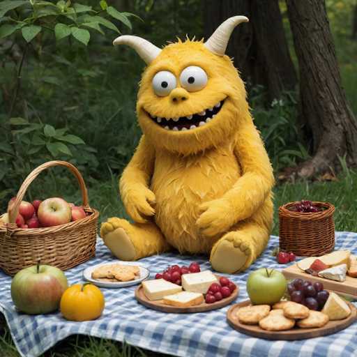 A yellow monster with horns and a big smile is sitting on a blue and white checkered blanket spread out on the grassy ground of a park. The monster has its arms crossed in front of it and is surrounded by an assortment of food items including apples, grapes, cheese, crackers, and bread.
