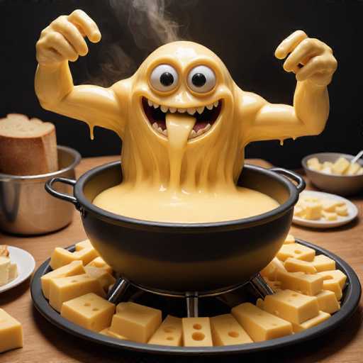 A cartoon monster made out of cheese is sitting inside a pot filled with melted cheese on a table. The monster has its mouth wide open and appears to be licking the cheese. In front of the pot containing the cheese, there are several pieces of cheese scattered around.
