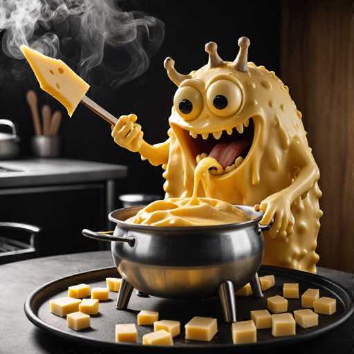 A cartoon monster with yellow skin and a large head is holding a spoon over a pot of melted cheese on a black plate. The scene takes place in a kitchen setting, with various cooking utensils visible around the monster.