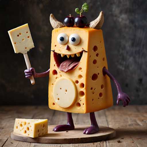 A cheese monster sculpture made from yellow and white cheese with purple horns holding a piece of cheese on a wooden surface against a dark background.
