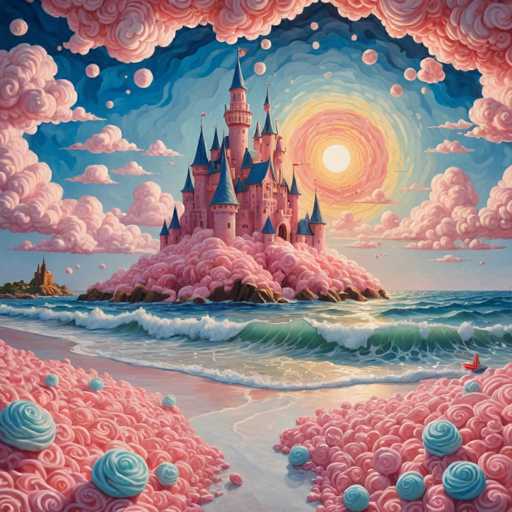 The image depicts a castle-like structure with multiple towers and turrets, situated on an island surrounded by water. The sky above the island is filled with clouds, creating a dramatic backdrop for the scene. The castle appears to be made of pink and white materials, giving it a whimsical and enchanting appearance. The colors used in the painting are predominantly pink and white, which further enhances the dreamy atmosphere of the scene.