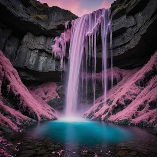 The image depicts a waterfall cascading down into a pool of water with pinkish-purple hues. The waterfall is situated on the left side of the frame and appears to be in motion, creating a sense of dynamism. The pool at its base has a blue color that contrasts with the surrounding pinkish-purple tones. The image does not contain any discernible text or human figures, making it an intriguing visual experience for viewers.