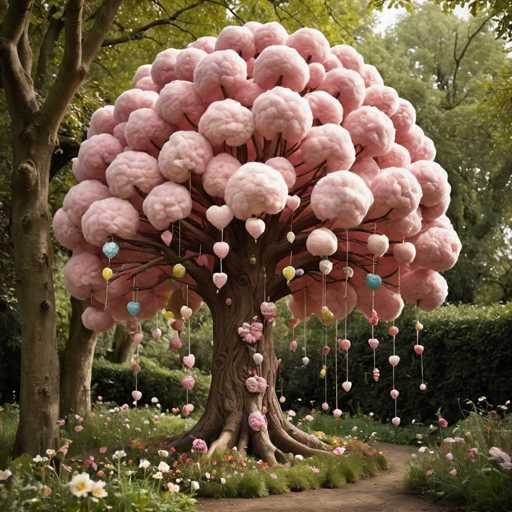 The image depicts a large tree with pink flowers and heart-shaped decorations hanging from its branches. The tree is surrounded by a lush garden filled with various types of flowers and plants.