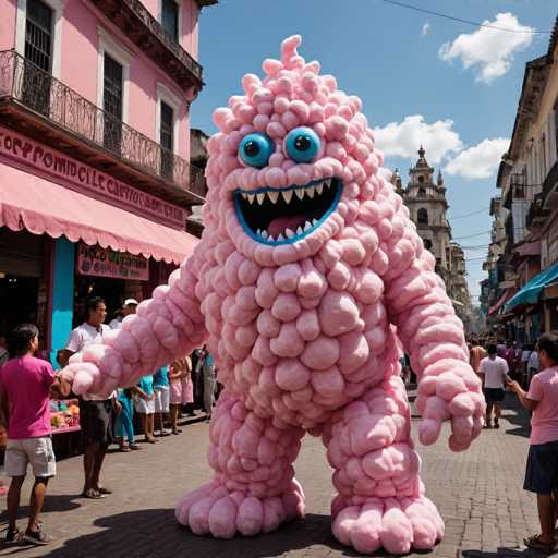 The image depicts a large pink monster balloon sculpture standing on a city street. The balloon is adorned with blue eyes and teeth, giving it a friendly appearance. A group of people can be seen gathered around the balloon, some taking photos while others are simply observing it. In the background, there are buildings lining the street, suggesting an urban setting for this whimsical scene.