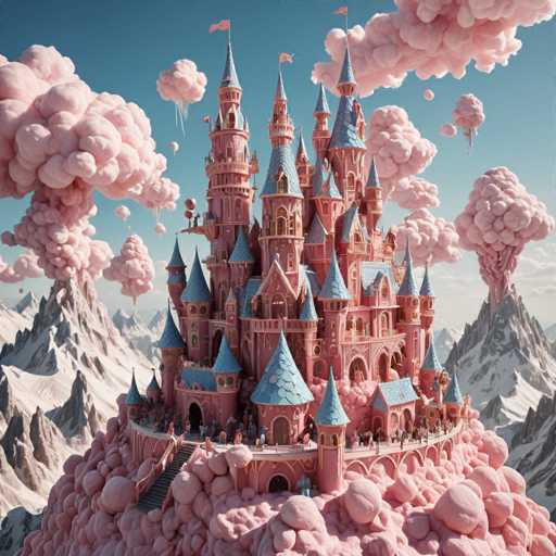 The image depicts a pink castle perched atop a mountain, surrounded by clouds and floating balloons. The castle is adorned with multiple towers and turrets, each one unique in size and shape. The sky above the castle is filled with clouds, creating an ethereal atmosphere around the structure. In the foreground of the image, there are several people scattered across the scene, possibly exploring or admiring the castle from a distance.