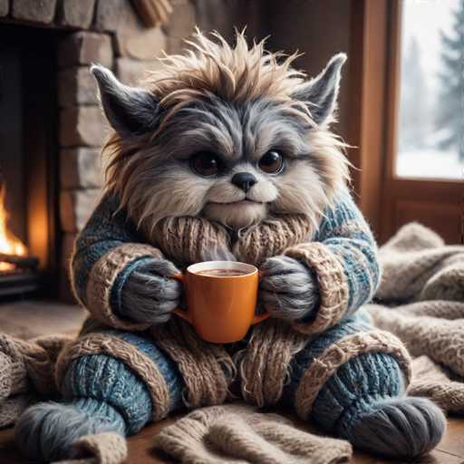 A gray and white stuffed animal is sitting on a wooden floor next to a fireplace with a fire burning brightly behind it. The animal has a brown scarf wrapped around its neck and is holding an orange cup of hot chocolate in its paws.
