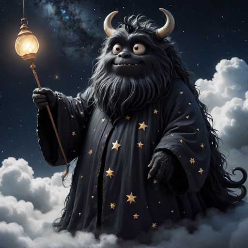 The image depicts a large, furry monster with horns and a long tail, standing on a cloud-filled sky. The monster is holding a lantern that glows brightly against the dark backdrop of the night sky. The monster's face features a wide smile, adding to its friendly demeanor.