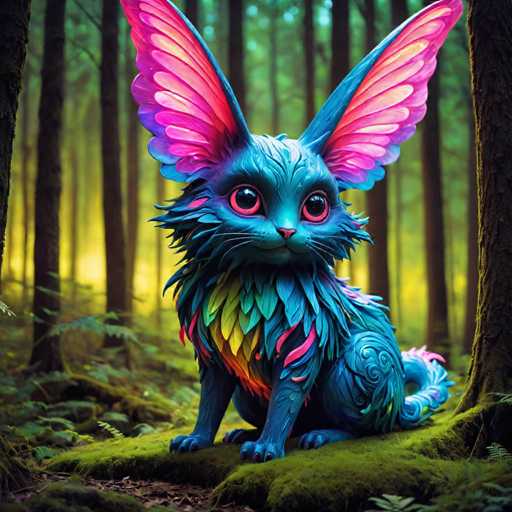 The image depicts a blue cat with pink wings sitting on a mossy log in the middle of a forest. The cat's fur is adorned with colorful patterns and it has large, round eyes that give it an ethereal appearance.