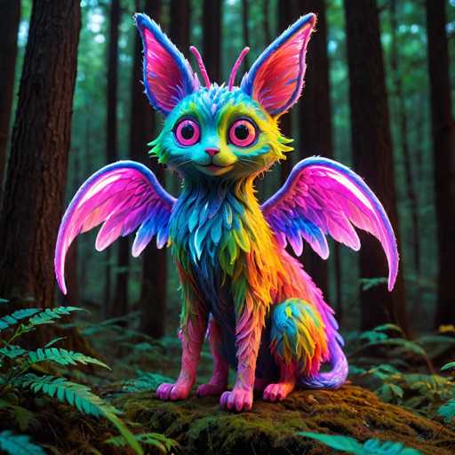 A colorful cat with wings and a pink nose is sitting on a rock in the middle of a forest. The cat's body is painted in shades of blue, green, purple, and pink, giving it an otherworldly appearance. The cat has its eyes closed and appears to be resting or sleeping.
