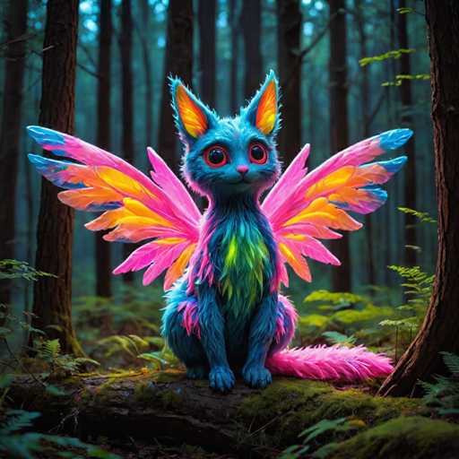 A blue cat with pink wings is sitting on a tree stump in the middle of a forest. The cat has green and yellow fur and its eyes are wide open as it looks directly at the camera.