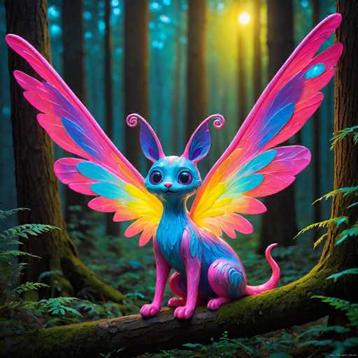 A colorful cat sculpture with wings and a tail is perched on a tree branch in the center of a forest setting. The cat's body is painted in shades of pink and blue, while its wings and tail are adorned with hues of purple and green. The background features trees and foliage, creating a natural and serene atmosphere.