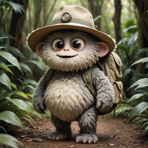 A cartoon monkey wearing a brown hat and carrying a backpack is standing on a dirt path surrounded by lush green foliage.