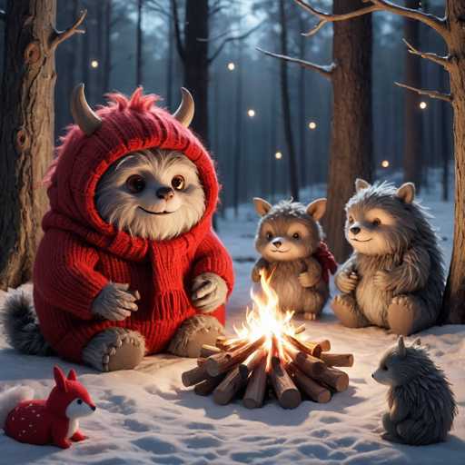 A cartoon character is sitting around a campfire with two other characters - one wearing a red sweater and the other wearing a blue sweater. The scene takes place in a snowy forest during wintertime.