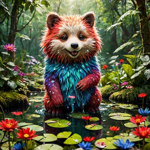 The image depicts a colorful panda standing on one leg in a pond surrounded by lily pads and flowers. The panda has vibrant red fur with white underbelly and is wearing a blue shirt adorned with green leaves. The background features lush trees and bushes, creating a serene and natural setting for the panda's unique appearance.