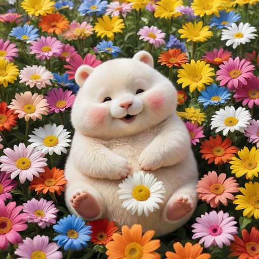 A white fluffy bear is sitting on a bed of colorful flowers and daisies.