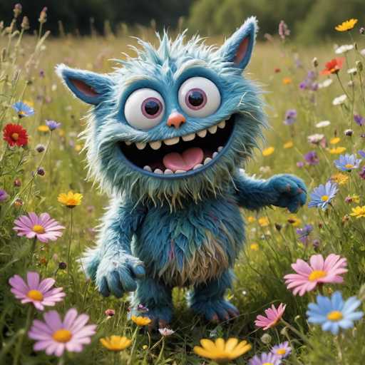 A blue monster with large eyes and a big smile is standing on its hind legs in a field of colorful flowers. The monster has long hair that flows behind it as it walks through the field.