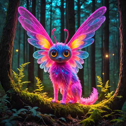 The image depicts a pink and purple fairy with wings perched on a tree branch surrounded by green foliage. The fairy is facing the camera directly, giving an impression of direct engagement with the viewer.