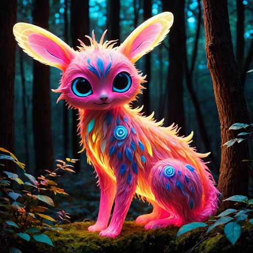 The image depicts a pink and yellow rabbit with blue eyes sitting on a mossy log surrounded by trees and foliage. The rabbit is facing the camera directly, giving an impression of curiosity or alertness.