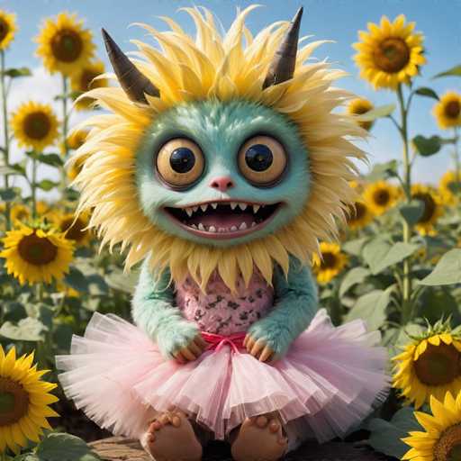 A green monster with yellow horns and a pink tutu is sitting on the ground surrounded by sunflowers.
