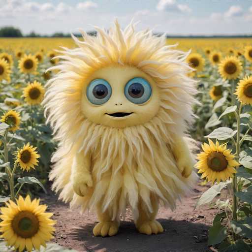 A yellow monster with long hair and big eyes stands on a dirt path surrounded by tall sunflowers in a field of yellow flowers.