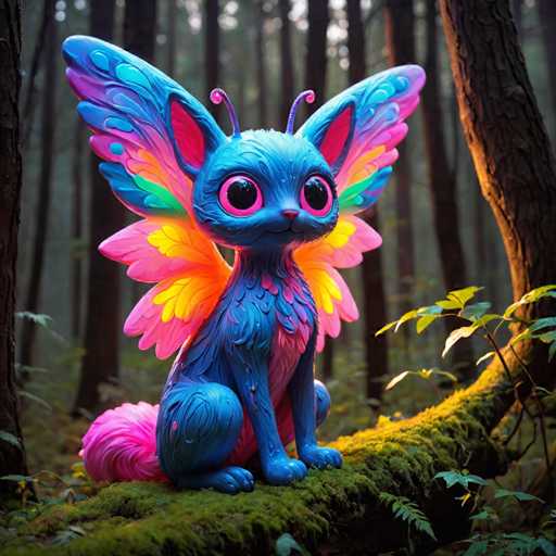 A blue cat statue with wings and a pink tail is sitting on a mossy tree branch in the middle of a forest.