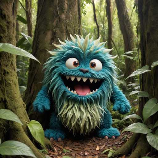 The image depicts a blue monster with green eyes and teeth standing on its hind legs in the center of a forest setting. The monster is surrounded by trees and foliage, creating an immersive and fantastical atmosphere.
