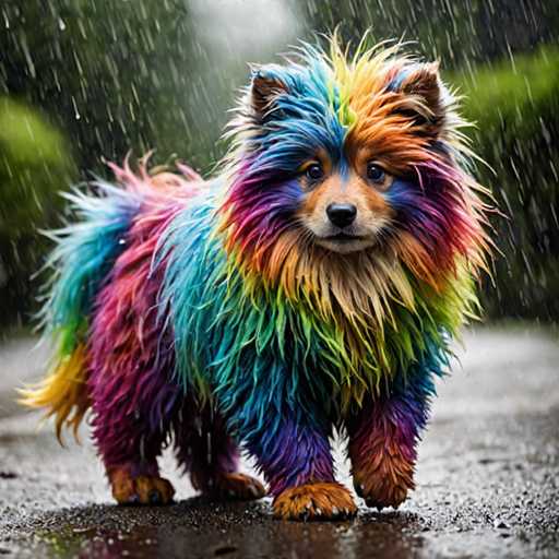 A colorful dog with long fur is standing on a wet road during a rain shower. The dog's fur has been dyed in the colors of the rainbow - red, orange, yellow, green, blue, and purple.