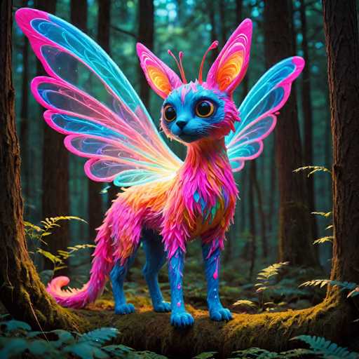 The image depicts a cat with wings and antennae standing on a tree branch surrounded by lush green foliage. The cat has vibrant colors of pink, blue, and orange, giving it an otherworldly appearance.