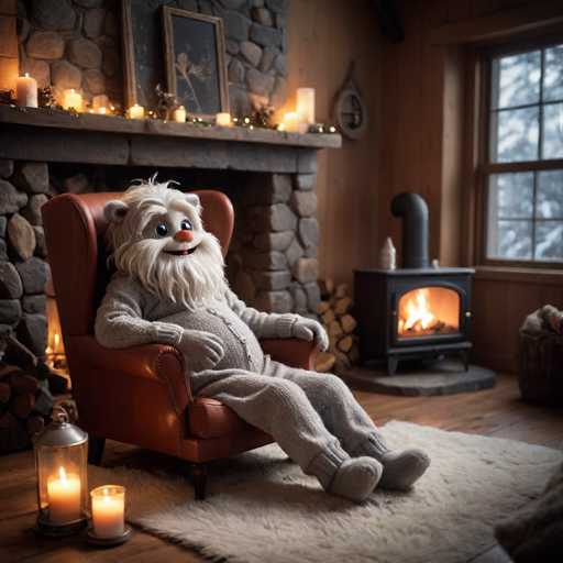 A plush white bear is seated on a brown leather armchair with its legs crossed and arms resting on the armrests. The bear has a red nose and a white belly, giving it a playful appearance. A fireplace with burning logs in front of it creates a warm glow that illuminates the room. Two candles are placed on either side of the fireplace, casting dancing shadows across the walls.