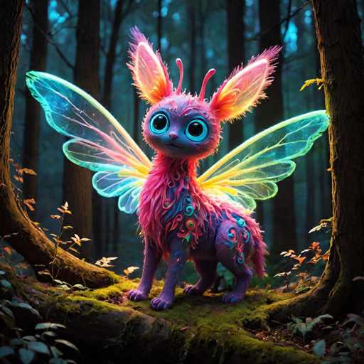 The image depicts a whimsical creature with wings and antennae standing on a mossy log in the center of a forest. The creature has pink fur and blue eyes that give it an ethereal appearance. The background is dark green, filled with trees and foliage, creating a sense of depth and mystery.