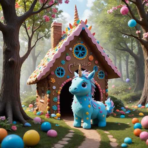 The image depicts a whimsical scene set in a forest. At the center of the scene is a small blue unicorn figurine standing on a grassy area next to a tree with pink flowers and green leaves. The unicorn is adorned with colorful polka dots and has an orange horn on its head, giving it a unique appearance. In front of the unicorn, there's a charming gingerbread house painted in shades of brown and decorated with various colorful elements such as flowers, buttons, and ribbons. The background features trees and bushes, adding to the forest ambiance.