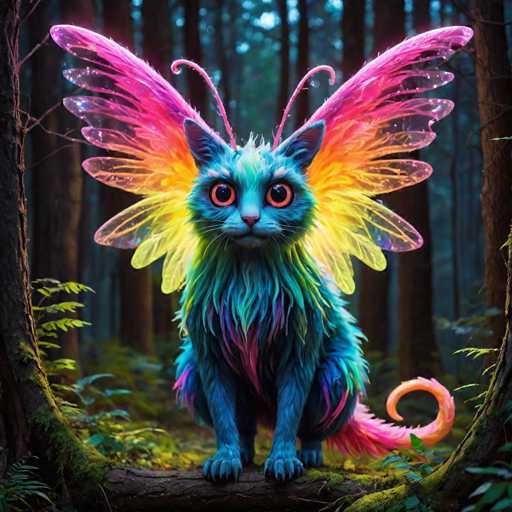A blue cat with pink wings and a green tail is sitting on a tree stump surrounded by trees and plants in the forest.