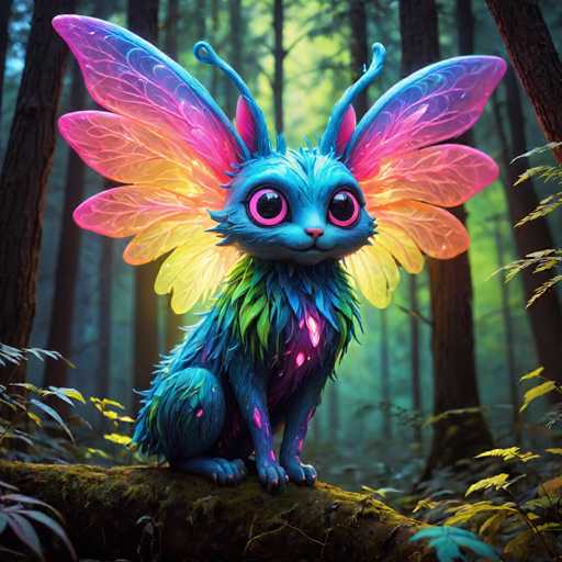 A blue cat with pink eyes and wings is sitting on a tree branch in the middle of a forest. The cat's fur is a mix of green and purple colors, and it has a yellow nose and mouth.