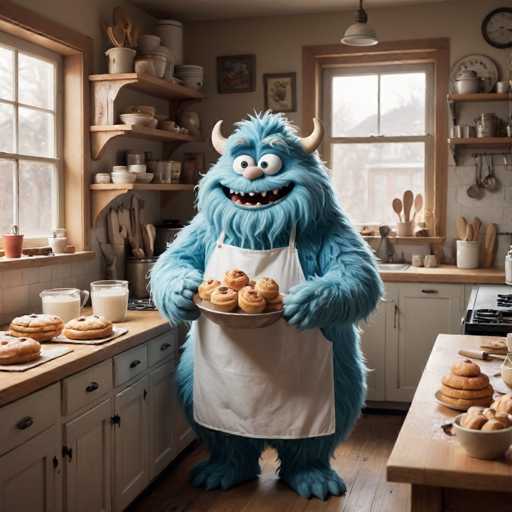 A blue monster with horns and a white apron is standing in the center of a kitchen holding up a tray filled with golden brown pastries. The kitchen features wooden cabinets and countertops, and various items are scattered around the room.