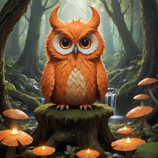 The image depicts an orange owl perched on a tree stump surrounded by mushrooms and plants in a forest setting. The owl is facing the camera with its wings slightly spread out.