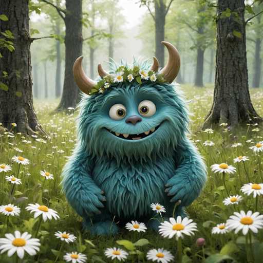 A blue monster with large horns and a flower crown sits on a bed of white daisies in a field surrounded by trees.