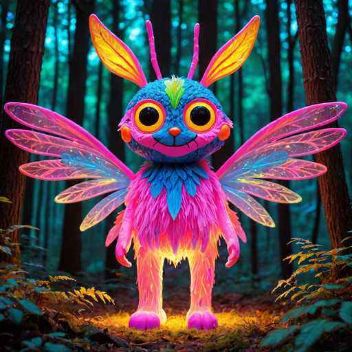The image depicts a whimsical creature with wings and antennae standing on a bed of leaves in a forest setting. The creature is painted in vibrant shades of pink and blue, with green accents that add to its unique appearance. It has large eyes and a big smile, giving it an endearing and playful demeanor.