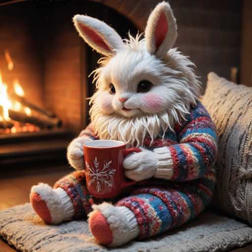 A white stuffed bunny wearing a red and blue striped sweater sits on a gray blanket next to a fireplace with burning logs. The bunny holds a red mug filled with hot chocolate.