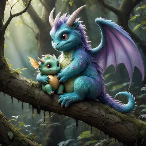 A blue dragon with large horns and a purple tail is perched on a tree branch in the center of the image. The dragon has a small green dragon sitting on its back. The background features trees and foliage, creating a natural setting for the scene.