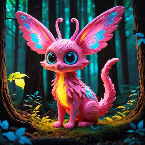 A pink cartoon cat with blue wings and a yellow tail is sitting on a bed of moss in the middle of a forest.