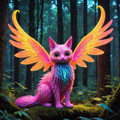 A pink and purple cat with wings is sitting on a mossy log in the middle of a forest. The cat has green eyes and a pink nose, giving it a whimsical appearance.