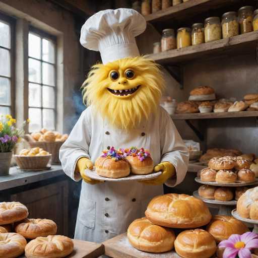 A chef dressed in a white uniform and hat is standing behind a counter filled with various baked goods such as breads and pastries. The chef is holding up two plates of donuts topped with colorful sprinkles.