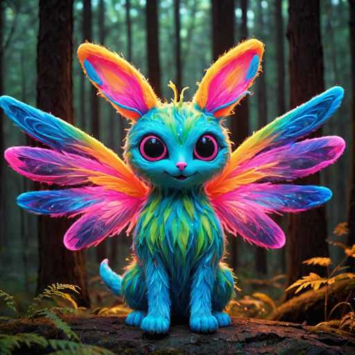 A blue and green cat with a rainbow-colored tail is sitting on a tree stump in the middle of a forest. The cat has large, round eyes that appear to be looking directly at the camera.